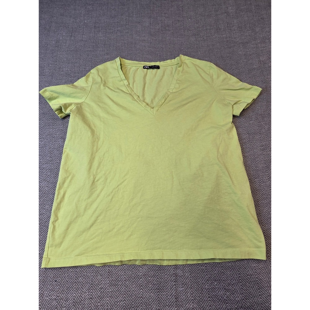 Zara T-Shirt Women's Large Green Regular Fit Short Sleeve Deep V Neck Pullover